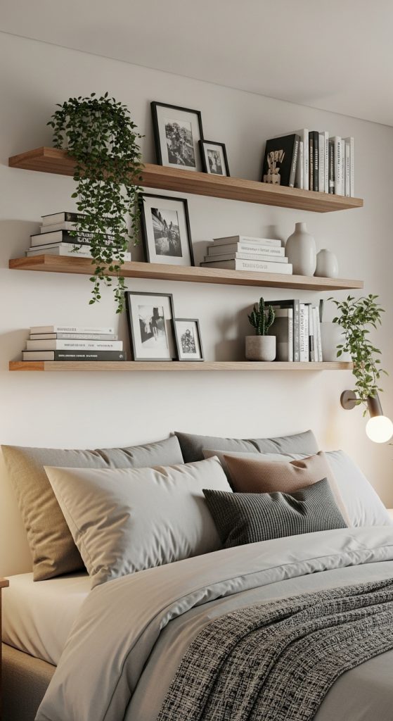 1. Floating Shelves Above the Bed