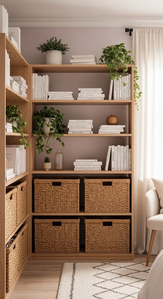 16. Open Bookshelves With Baskets