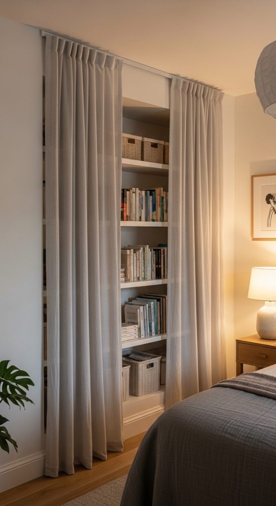 18. Bookshelves Behind Curtain Panels