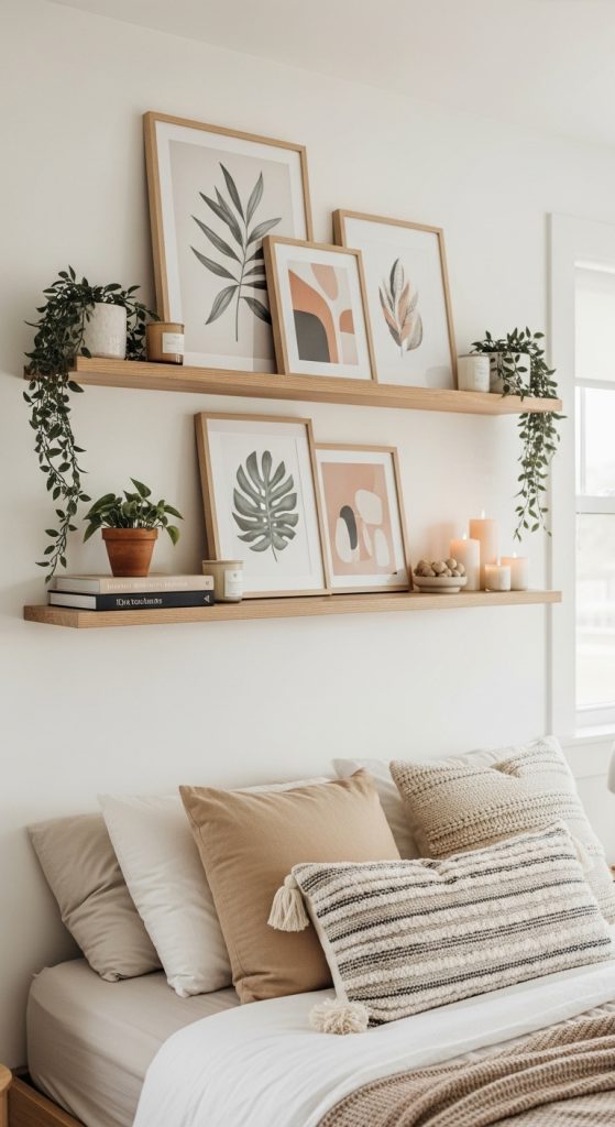 18. Floating Shelves With Art and Decor