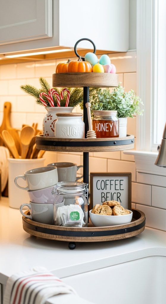 4. Tiered Tray Display with Mugs and Treats