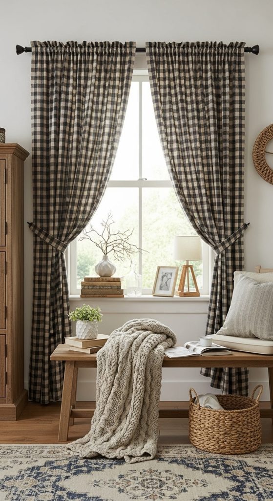 9. Gingham or Plaid Curtains for Farmhouse Style