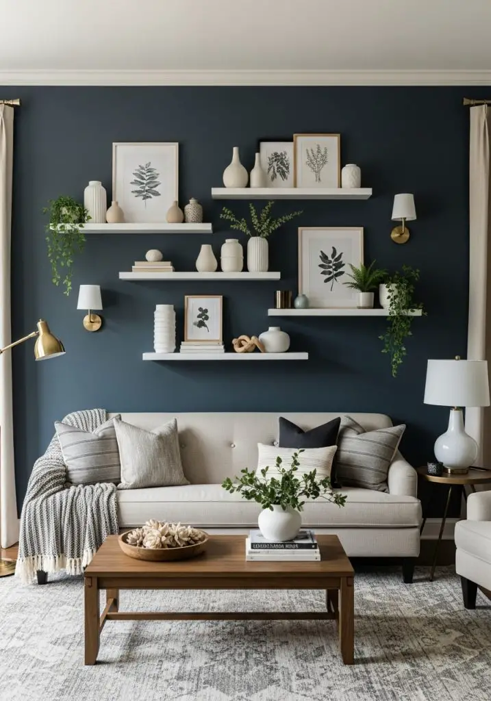 6. Accent Wall with Floating Shelves