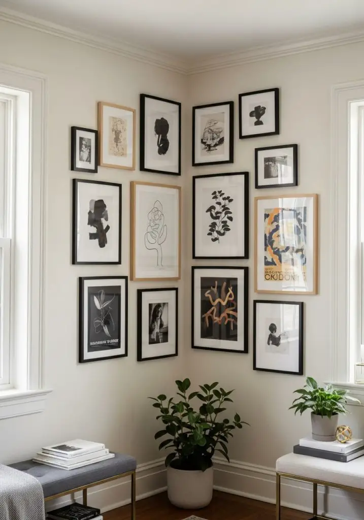 6. Add a Gallery Wall That Curves the Corner