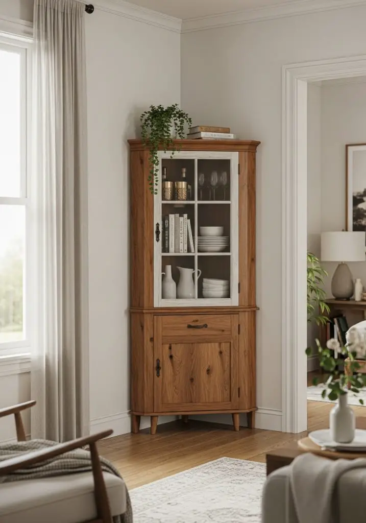 7. Put in a Corner Cabinet or Vintage Hutch